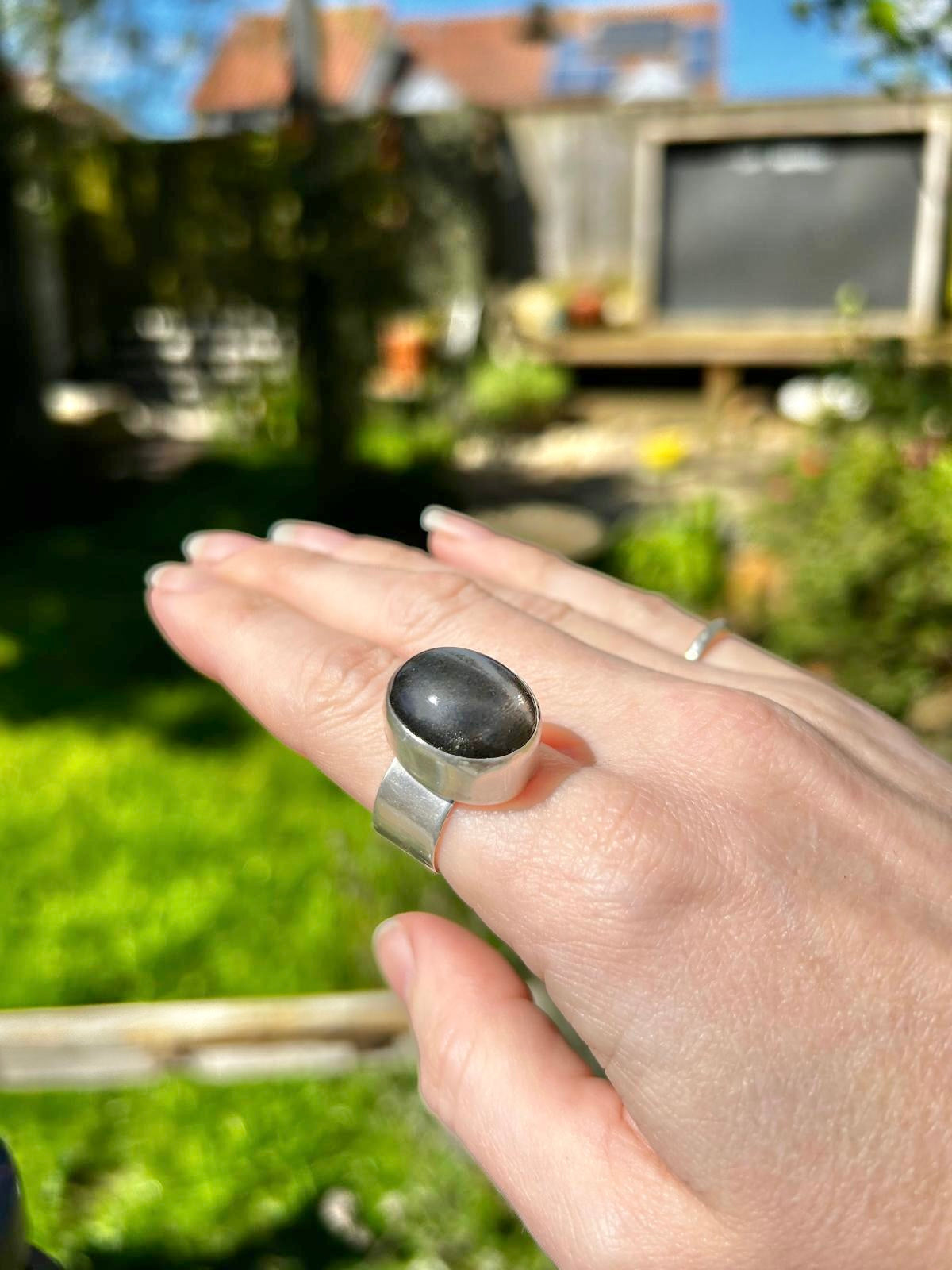 Chunky Silver Sheen Obsidian Ring (Size R)